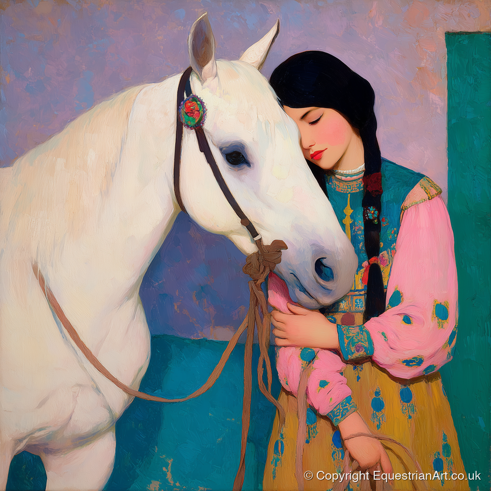 Quiet Devotion - horse & rider art print and canvas by Aldous Trent A.I