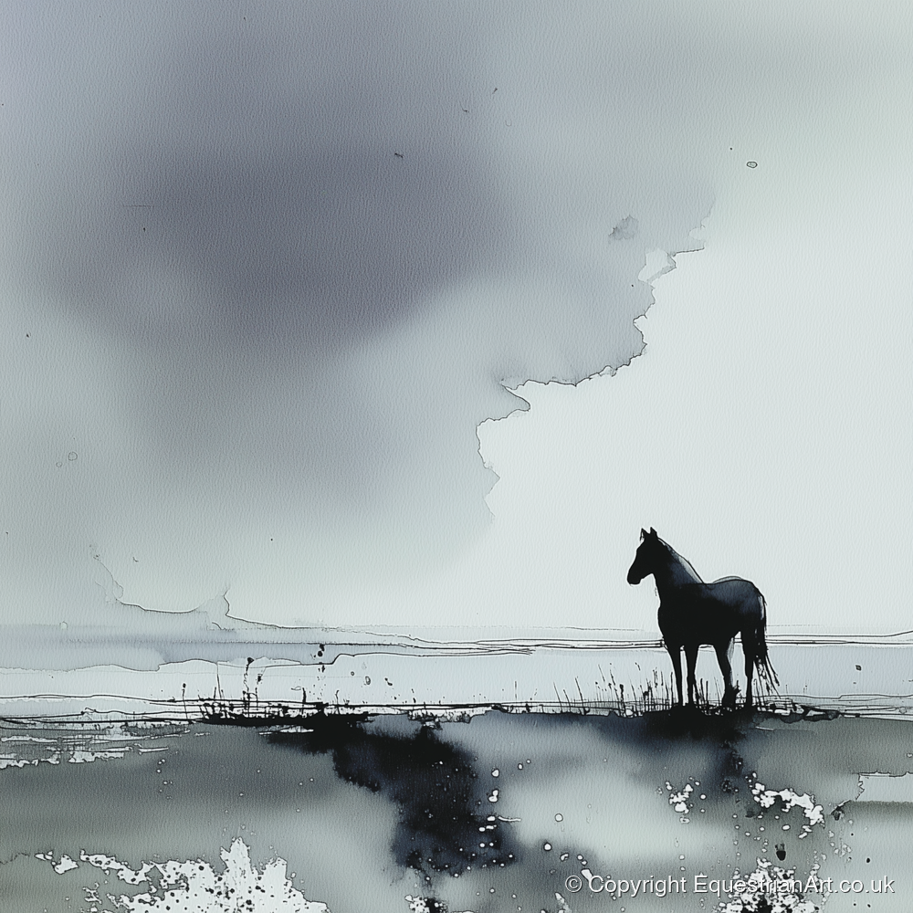 Quiet Grey Horizon - horse landscape art print and canvas by Adrian Frost A.I