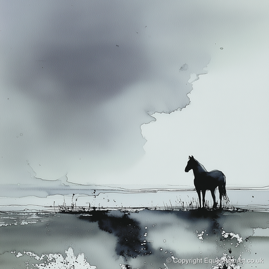 Quiet Grey Horizon - horse landscape art print and canvas by Adrian Frost A.I