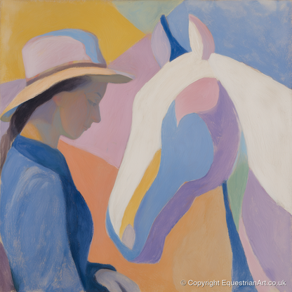 Quiet Harmony - horse & rider art print and canvas by Iris Pelham A.I