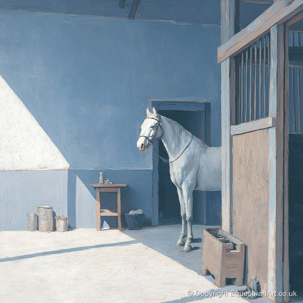 Quiet Morning Yard - horse stable art print and canvas by Oscar Pendleton A.I