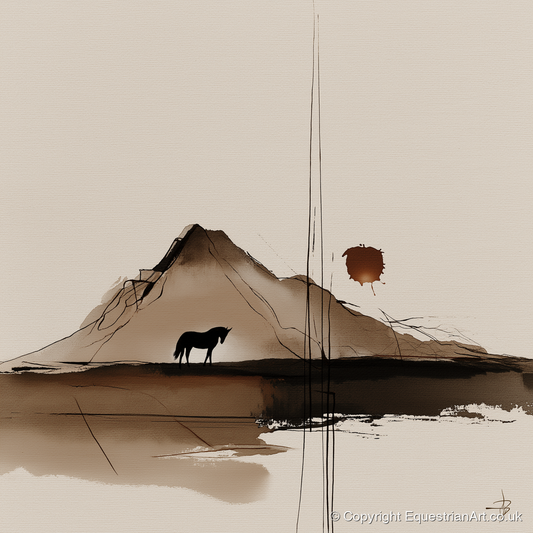 Quiet Mountain Silhouette - horse landscape art print and canvas by Julian Vance A.I