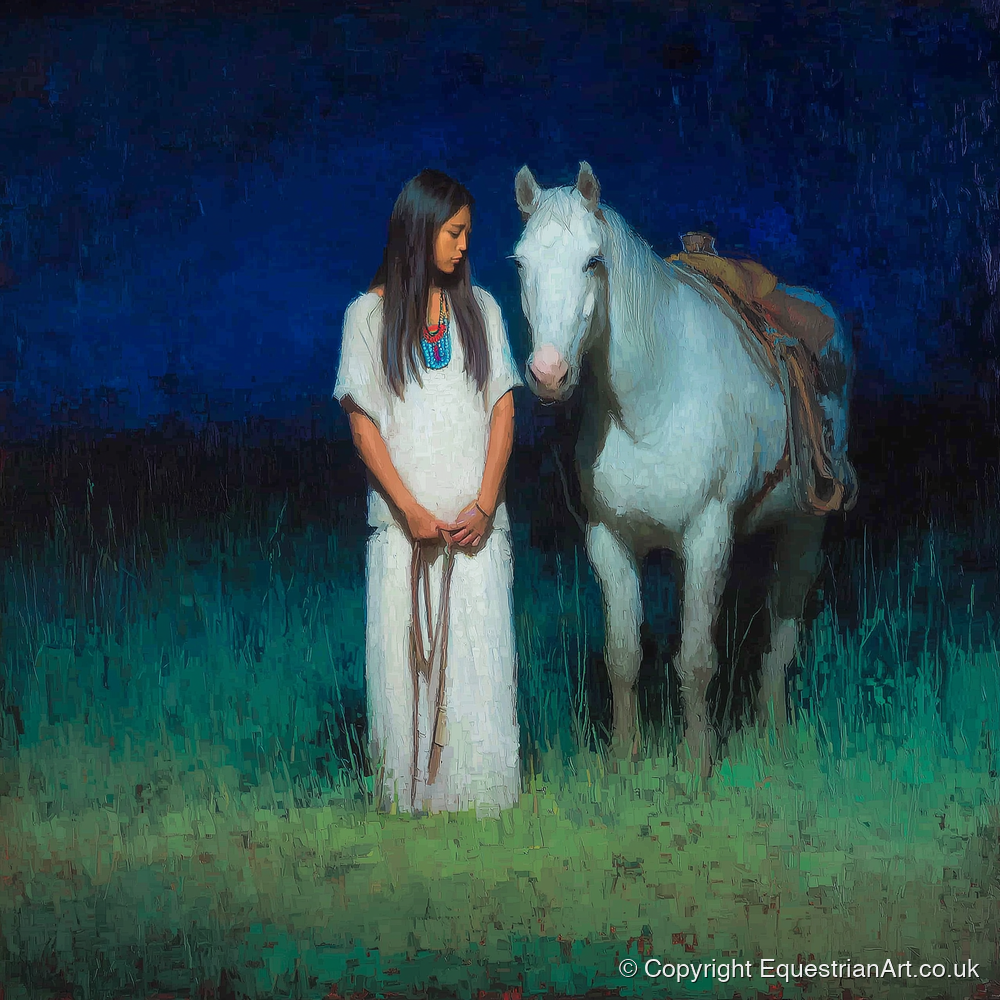 Quiet Night Vigil - horse & rider art print and canvas by Raymond Shaw A.I