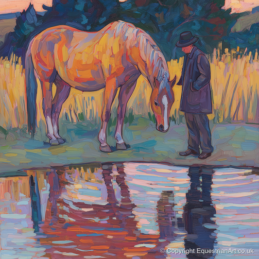 Quiet Reflections - horse & rider art print and canvas by Celia Harding A.I