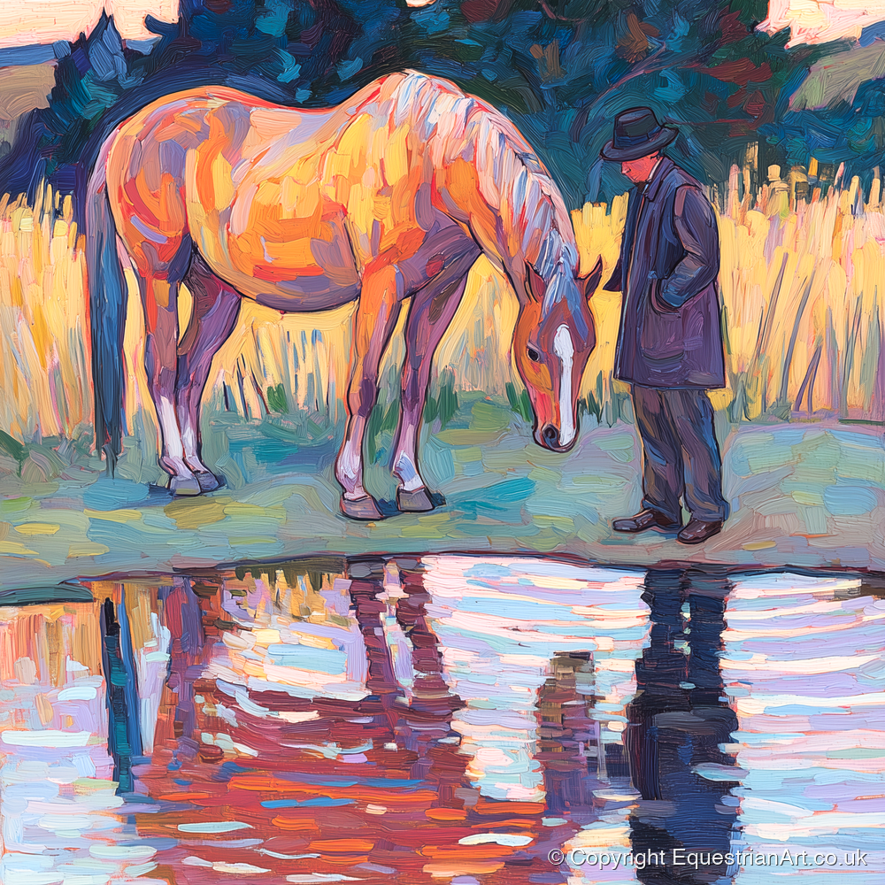 Quiet Reflections - horse & rider art print and canvas by Celia Harding A.I
