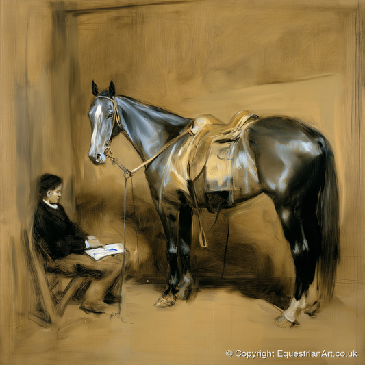 Quiet Stable Companions - horse & rider art print and canvas by Samuel Pembroke A.I