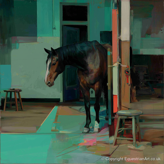Quiet Yard in Teal - horse stable art print and canvas by Quentin Hart A.I
