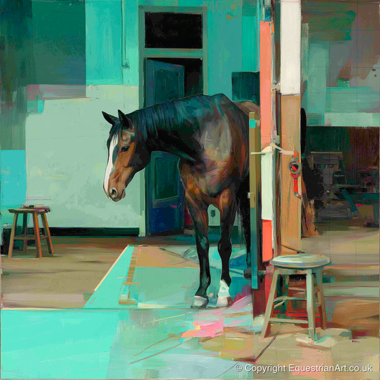 Quiet Yard in Teal - horse stable art print and canvas by Quentin Hart A.I