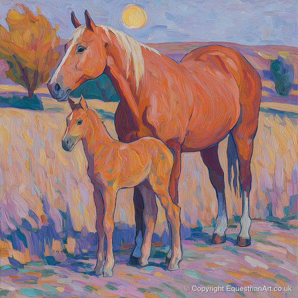 Radiant Chestnut Bond - mare & foal art print and canvas by Celia Harding A.I