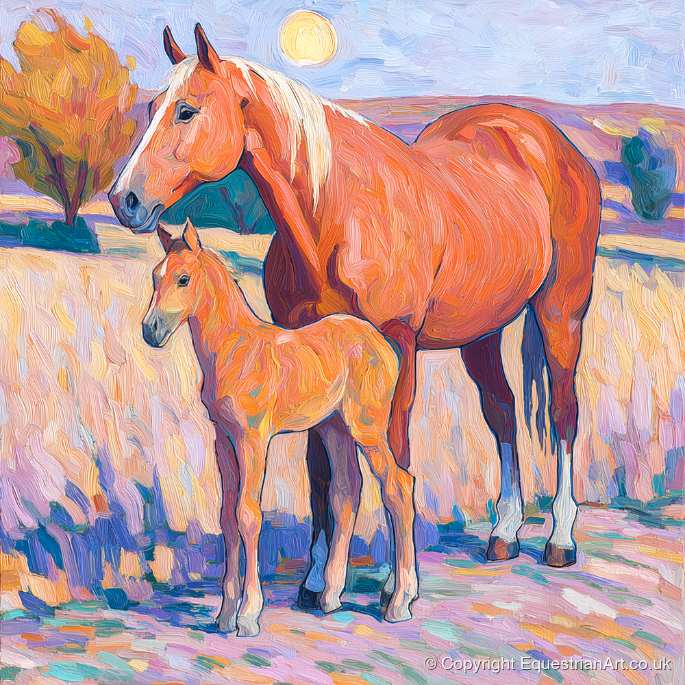 Radiant Chestnut Bond - mare & foal art print and canvas by Celia Harding A.I