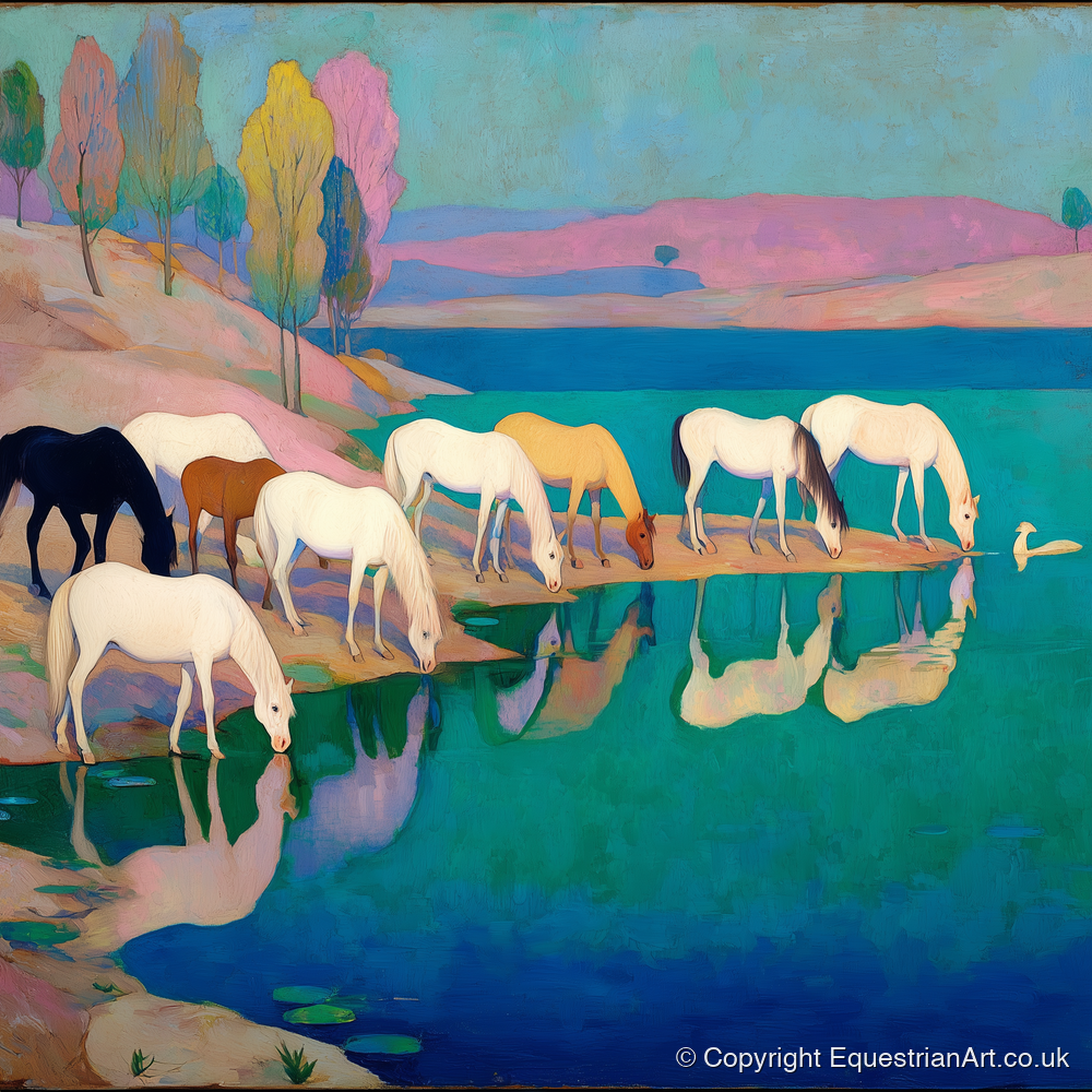 Reflections at Turquoise Waters - wild horses art print and canvas by Aldous Trent A.I