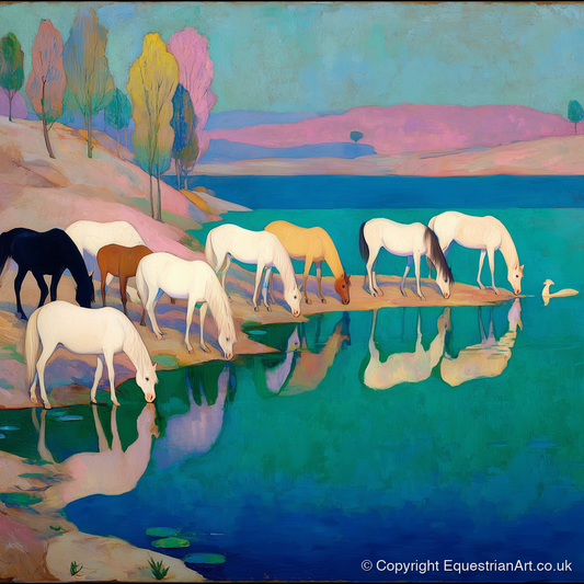 Reflections at Turquoise Waters - wild horses art print and canvas by Aldous Trent A.I