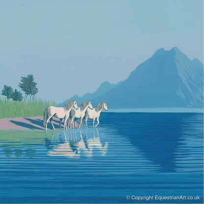Reflections in Azure - wild horses art print and canvas by Simon Whitlock A.I