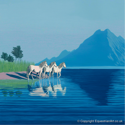 Reflections in Azure - wild horses art print and canvas by Simon Whitlock A.I