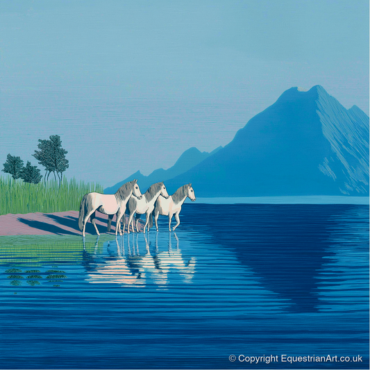 Reflections in Azure - wild horses art print and canvas by Simon Whitlock A.I