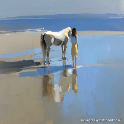 Reflections on the Shore - horse & rider art print and canvas by Elias Thorne A.I