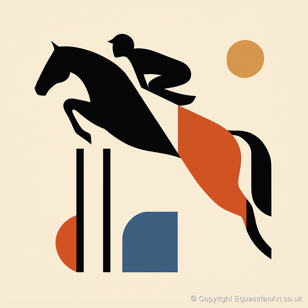 Retro Airborne Ascent - show jumping horse art print and canvas by Oliver Tate A.I