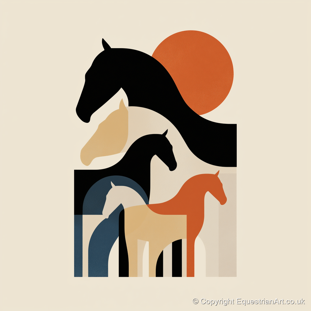 Retro Equine Silhouettes - wild horses art print and canvas by Oliver Tate A.I