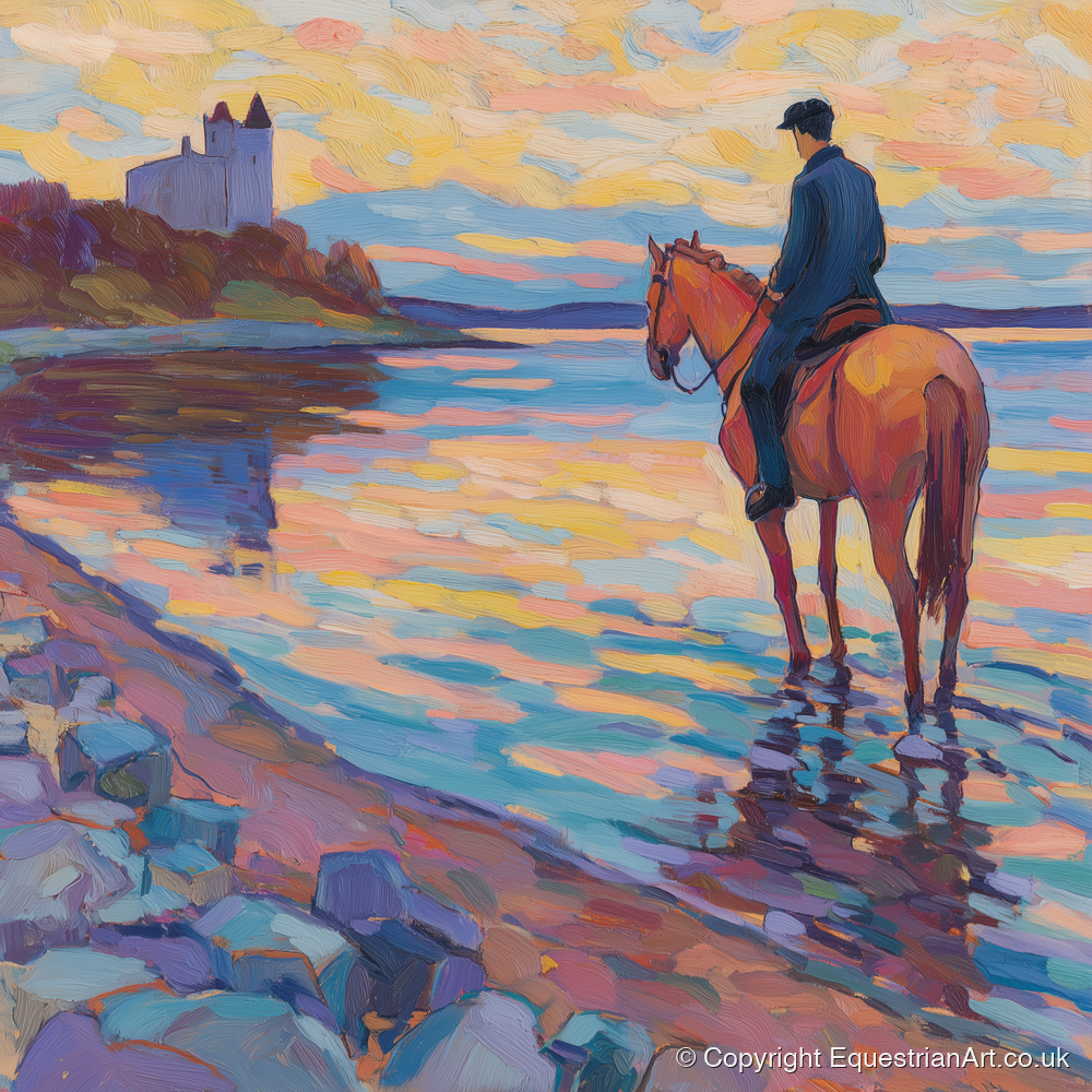 Rider at Castle Bay - beach horse art print and canvas by Celia Harding A.I
