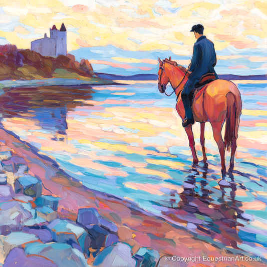 Rider at Castle Bay - beach horse art print and canvas by Celia Harding A.I