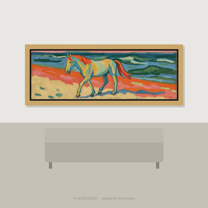 The Painted Shore Horse Landscape panoramic wall art displayed above a sofa