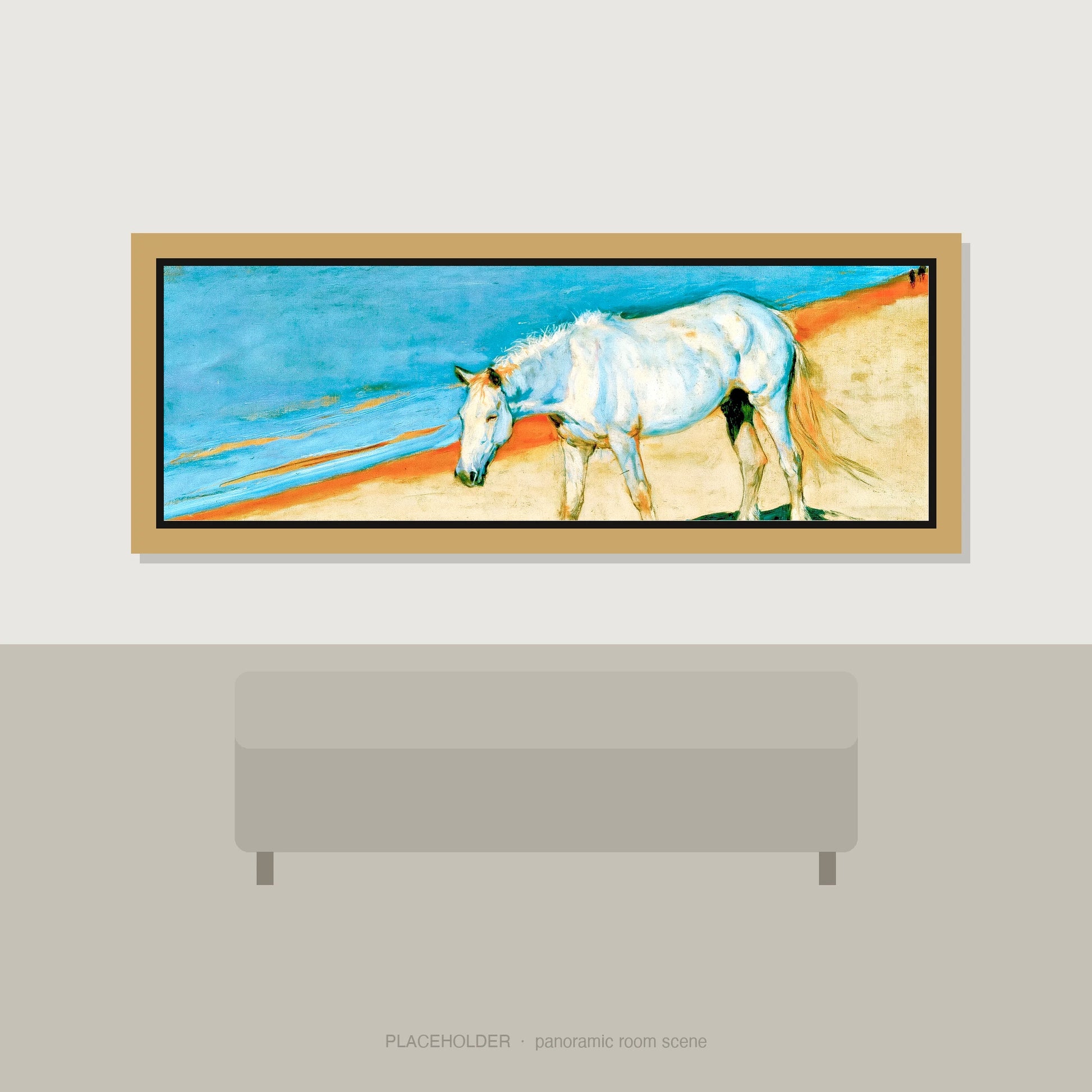 Cerulean Coastline Horse Landscape panoramic wall art displayed above a sofa