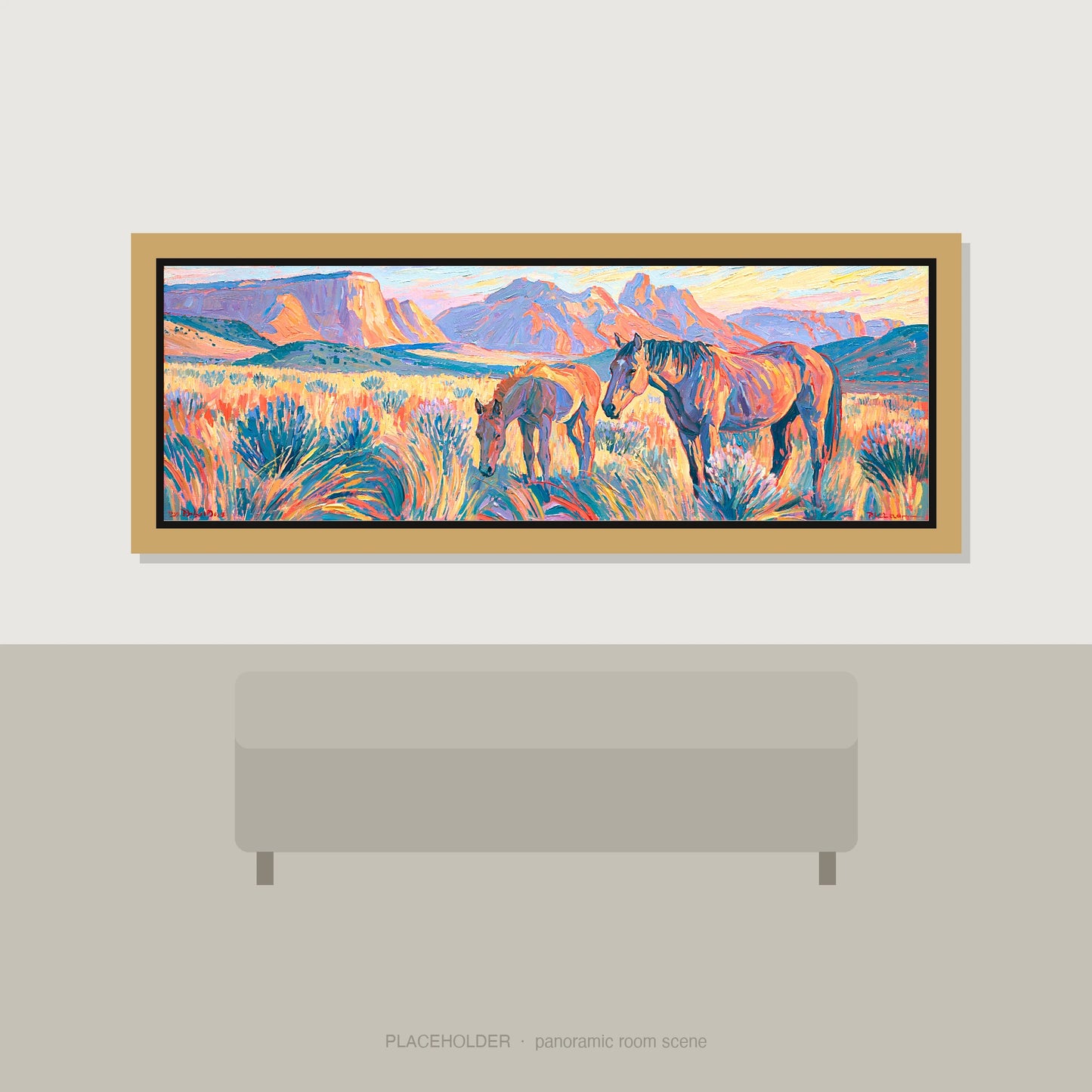 Painted Valley Grazing Horse Landscape panoramic wall art displayed above a sofa