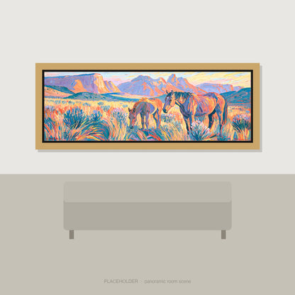 Painted Valley Grazing Horse Landscape panoramic wall art displayed above a sofa