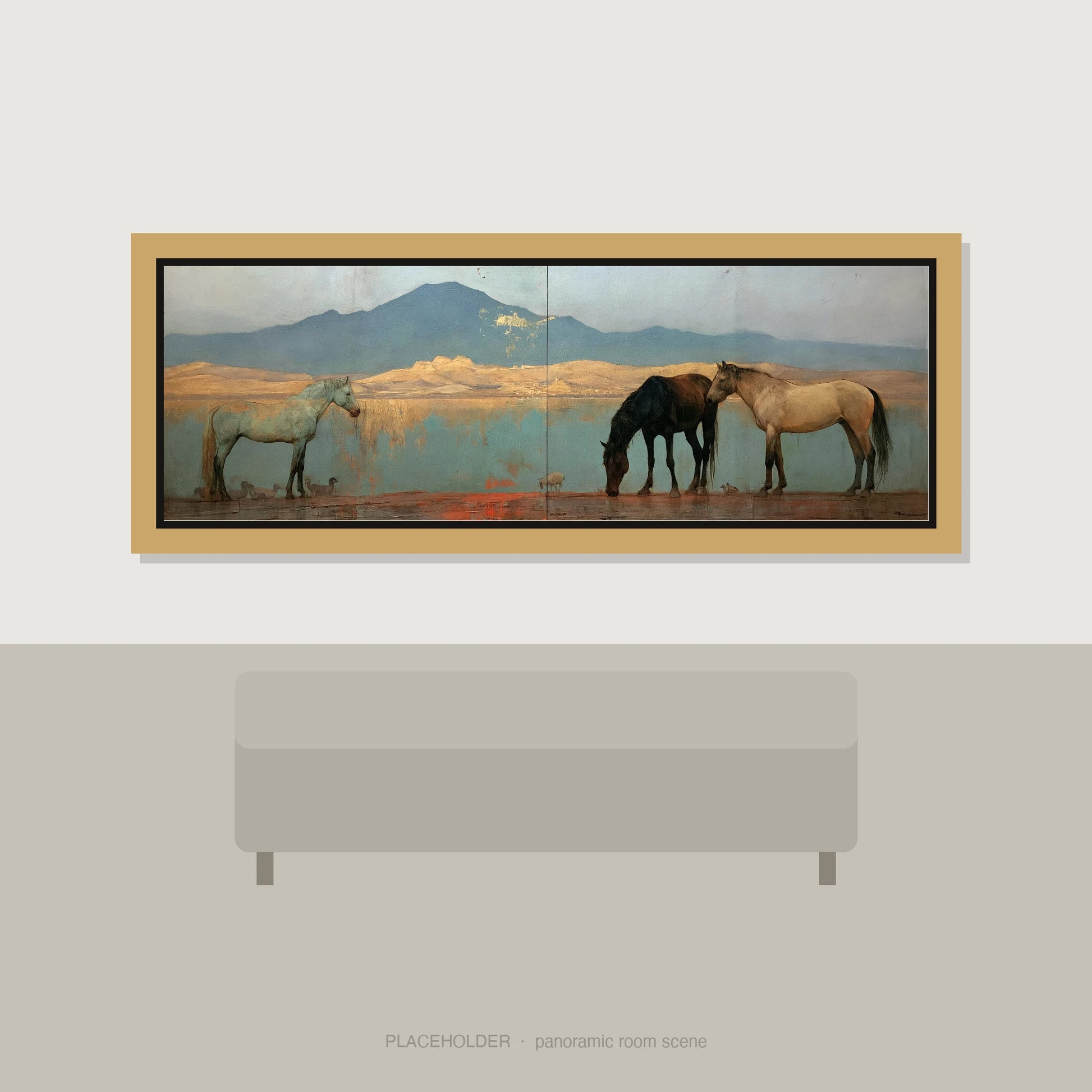 Gilded Shoreline Reflections Horse Landscape panoramic wall art displayed above a sofa