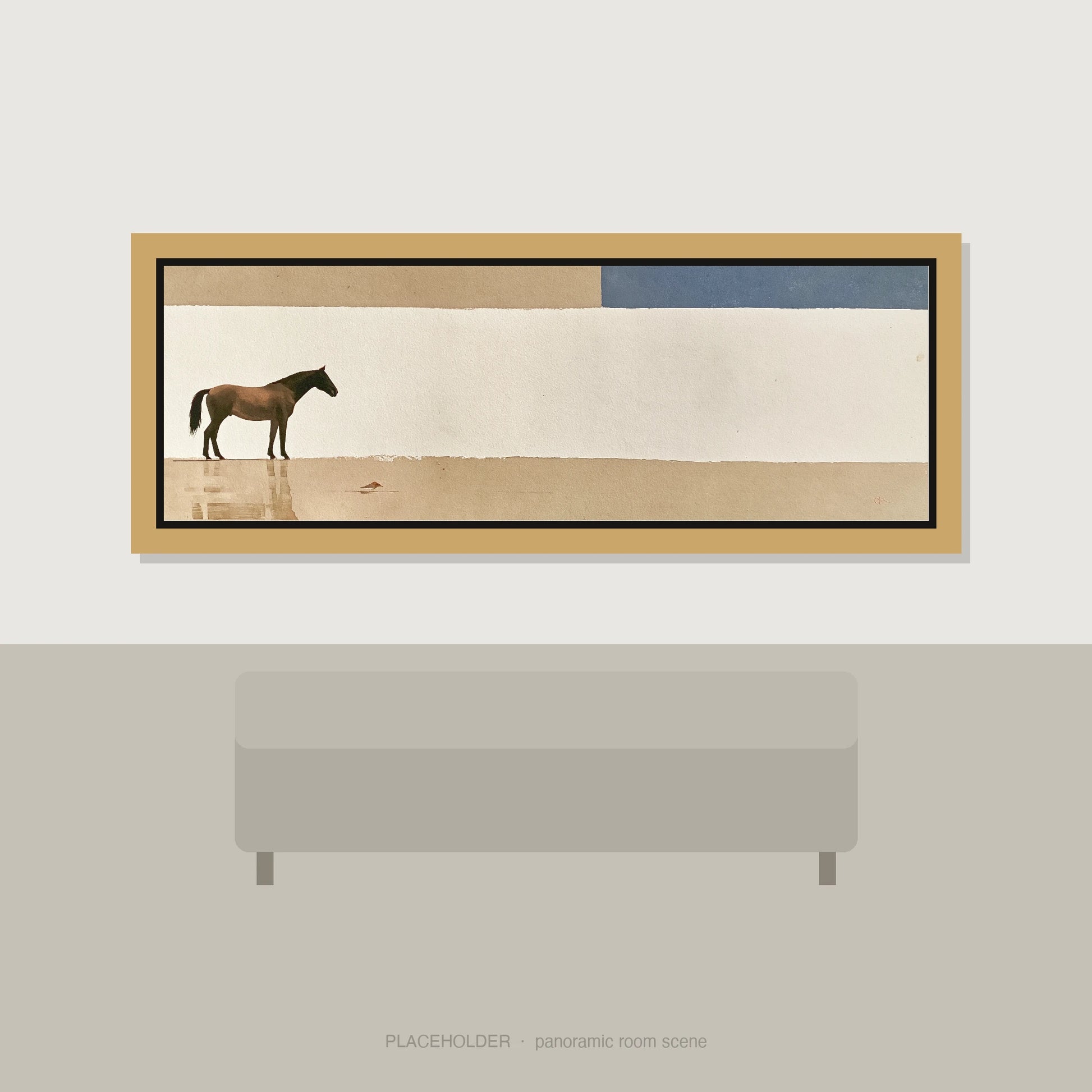 Minimalist Equine Horizon Horse Landscape panoramic wall art displayed above a sofa