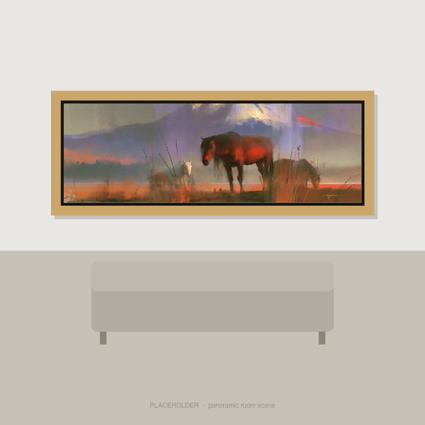 Violet Horizons Horse Landscape panoramic wall art displayed above a sofa