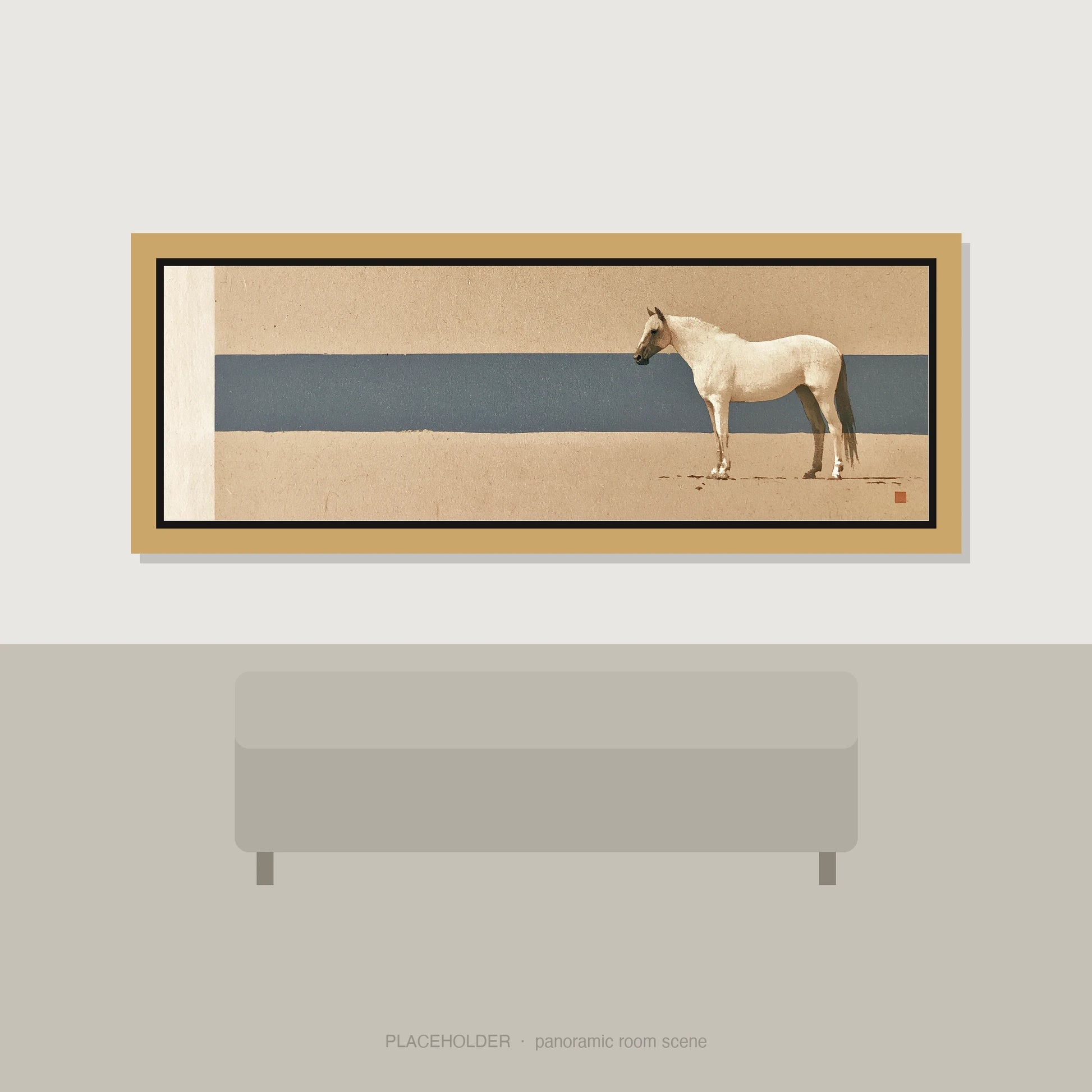 Minimalist Horizon Horse Landscape panoramic wall art displayed above a sofa