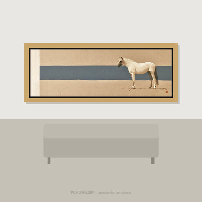 Minimalist Horizon Horse Landscape panoramic wall art displayed above a sofa