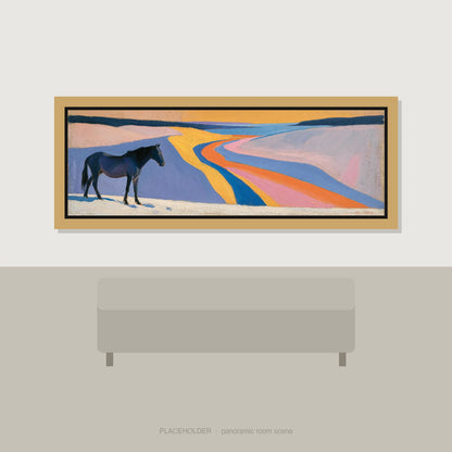 The Painted Valley Horse Landscape panoramic wall art displayed above a sofa