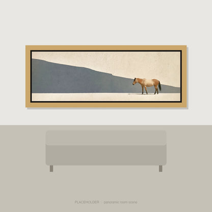 Quiet Contours Horse Landscape panoramic wall art displayed above a sofa