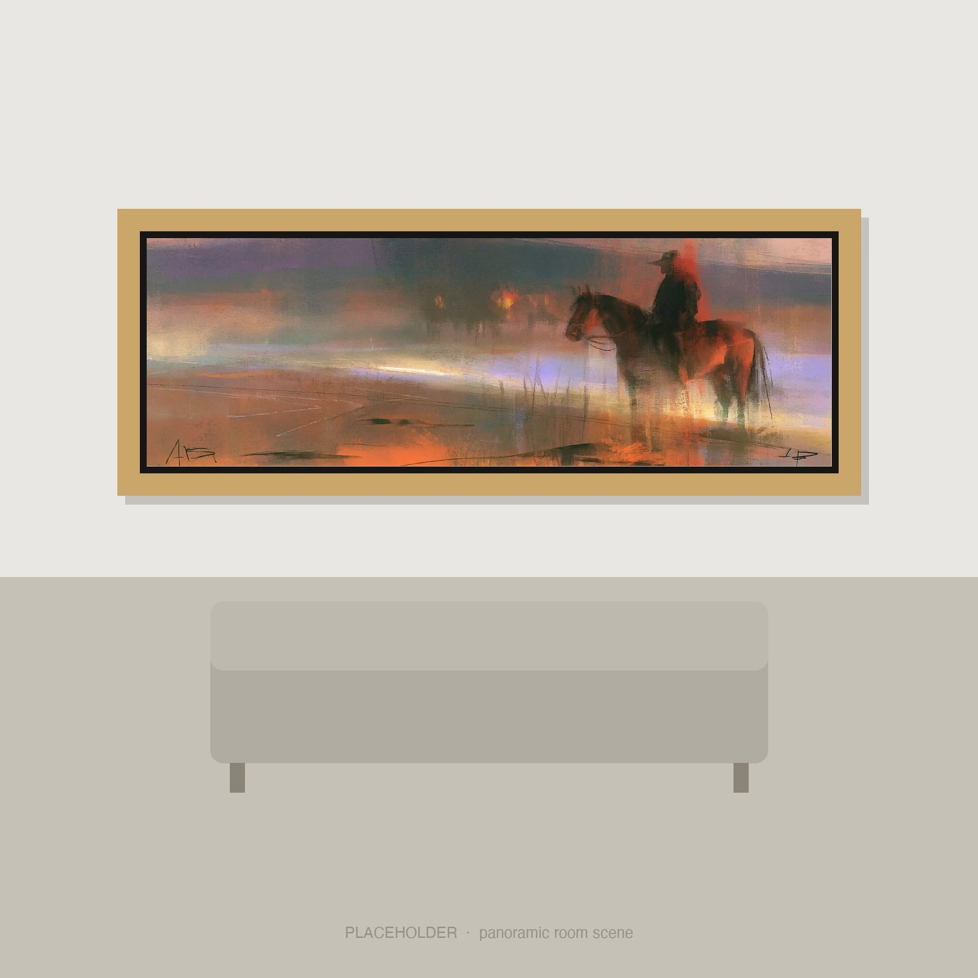 Out at Dawn Horse Landscape panoramic wall art displayed above a sofa