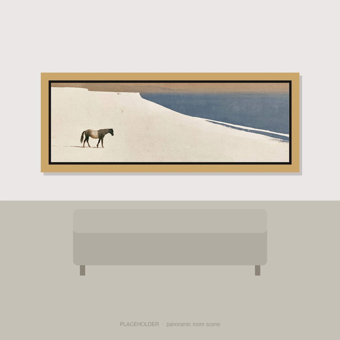 Sweeping Silence Horse Landscape panoramic wall art displayed above a sofa