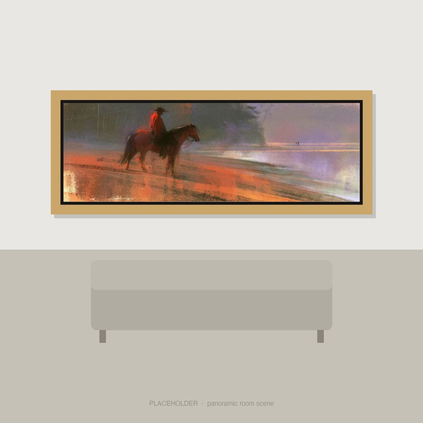 Shoreline Solitude Horse Landscape panoramic wall art displayed above a sofa