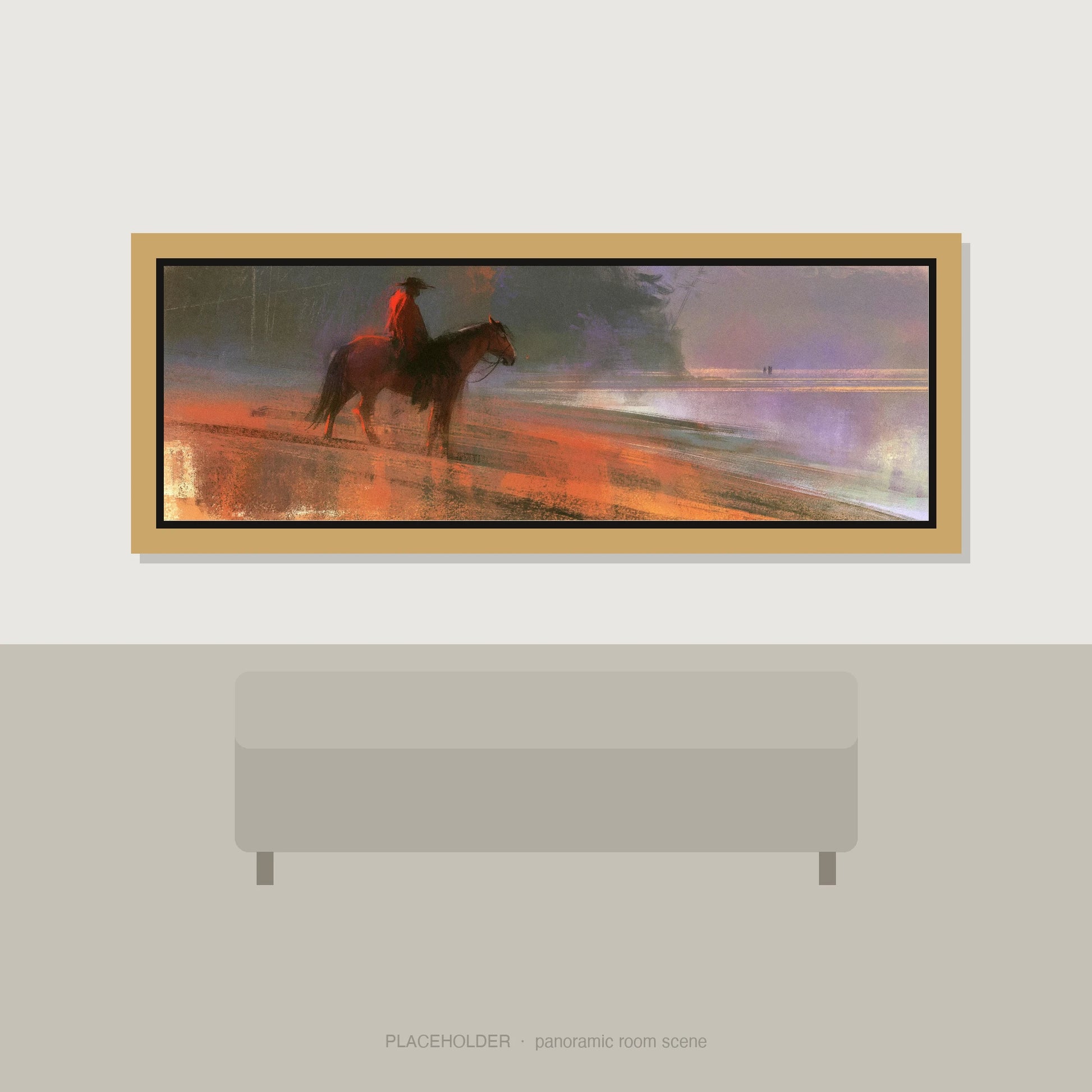 Shoreline Solitude Horse Landscape panoramic wall art displayed above a sofa