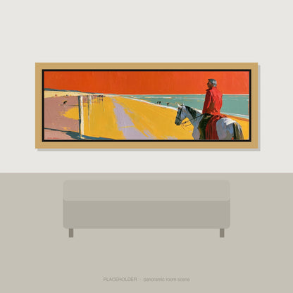 Vivid Coastal Hack Horse Landscape panoramic wall art displayed above a sofa