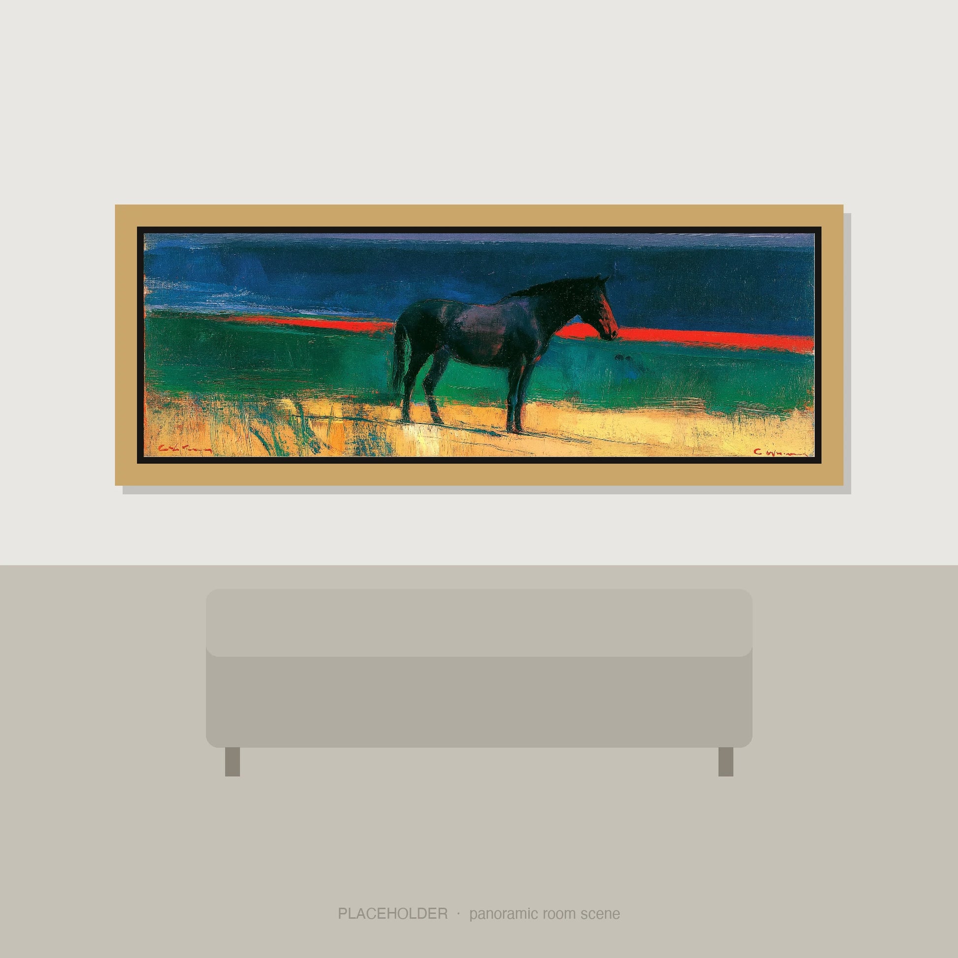 The Crimson Horizon Horse Landscape panoramic wall art displayed above a sofa
