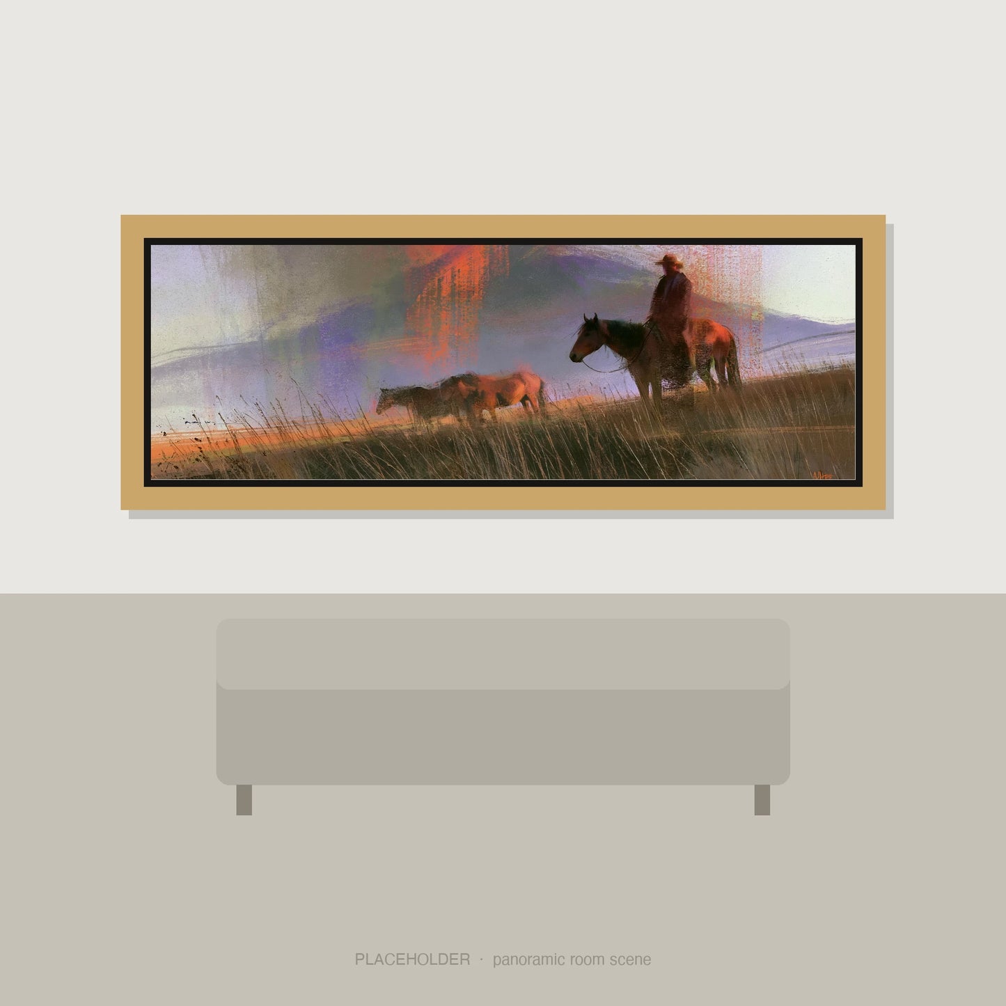 Trail Through Violet Skies Horse Landscape panoramic wall art displayed above a sofa