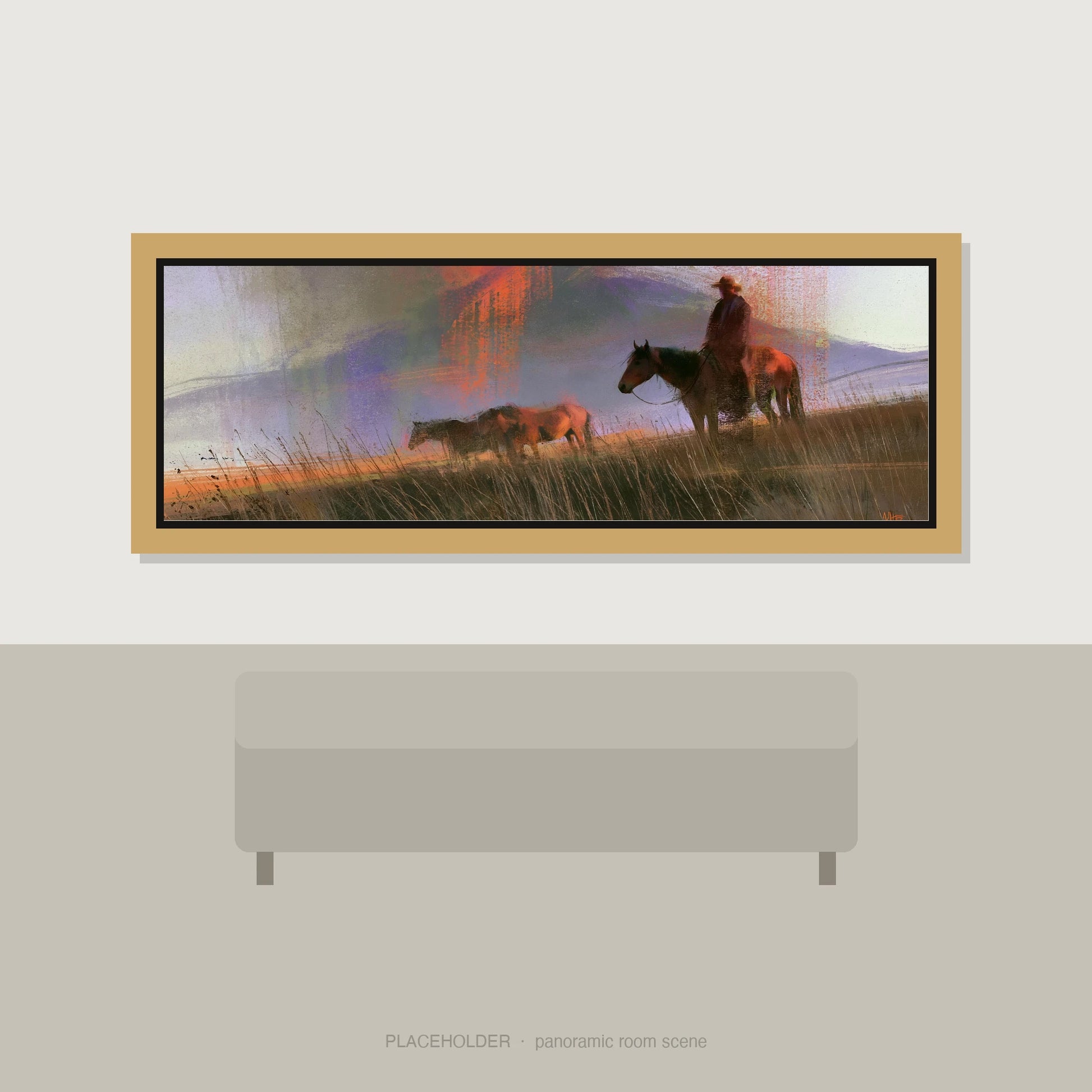 Trail Through Violet Skies Horse Landscape panoramic wall art displayed above a sofa