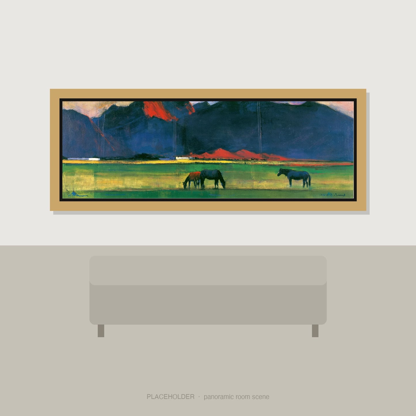 Vibrant Mountain Pasture Horse Landscape panoramic wall art displayed above a sofa