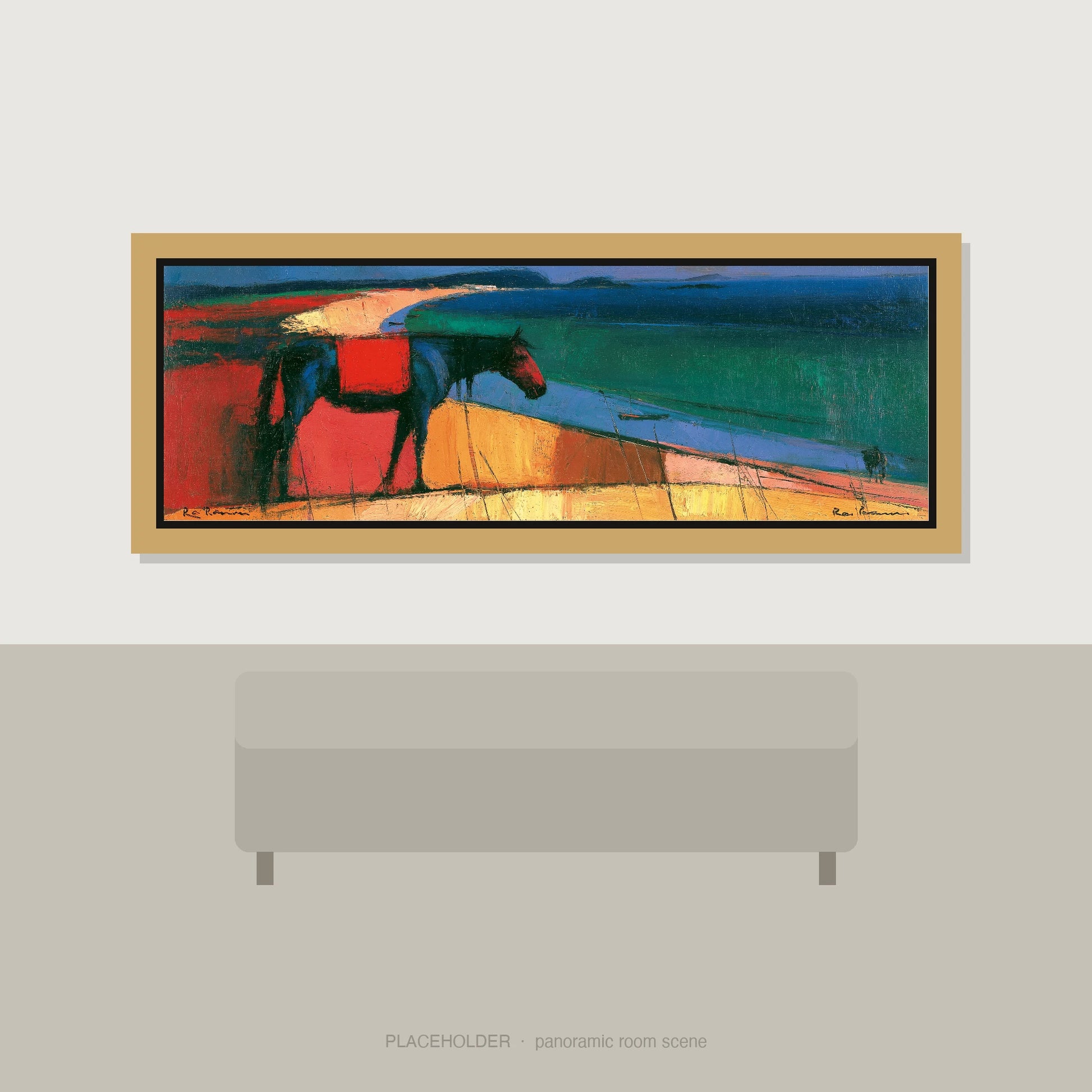 The Painted Shore Horse Landscape panoramic wall art displayed above a sofa