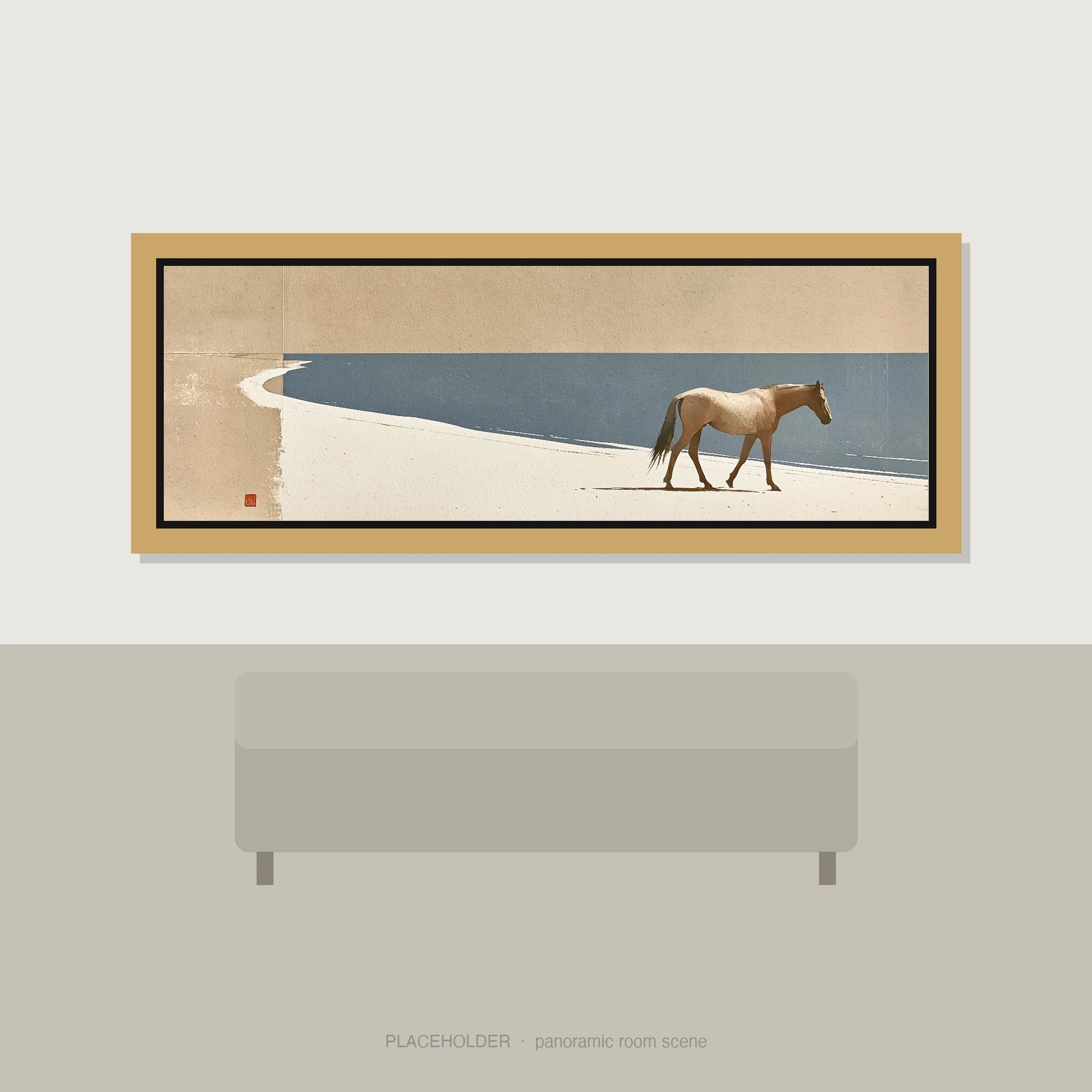 Quiet Shoreline Journey Horse Landscape panoramic wall art displayed above a sofa
