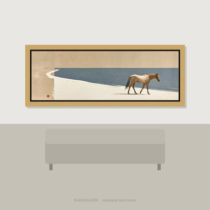 Quiet Shoreline Journey Horse Landscape panoramic wall art displayed above a sofa