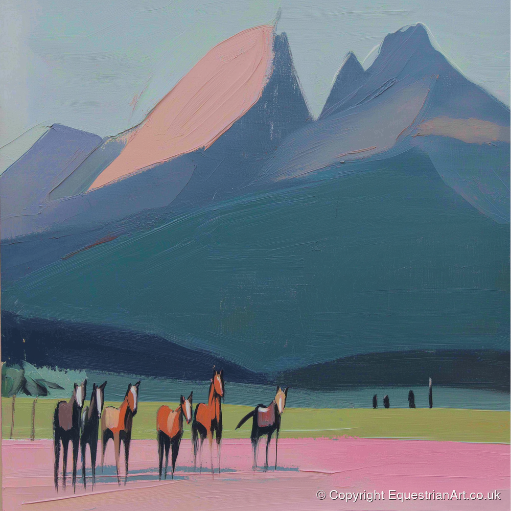 Rose Peaks Herd - horse landscape art print and canvas by Diana Sutherland A.I