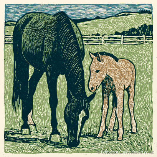 Rustic Pasture Companions - mare & foal art print and canvas by Hector Sullivan A.I