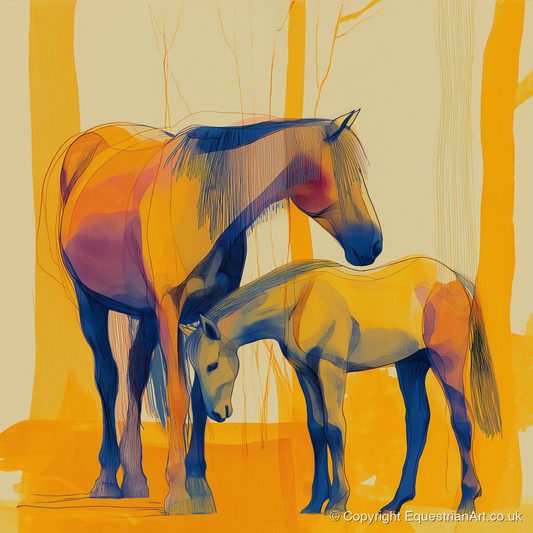 Saffron Mare and Foal - horse landscape art print and canvas by Tobias Blake A.I